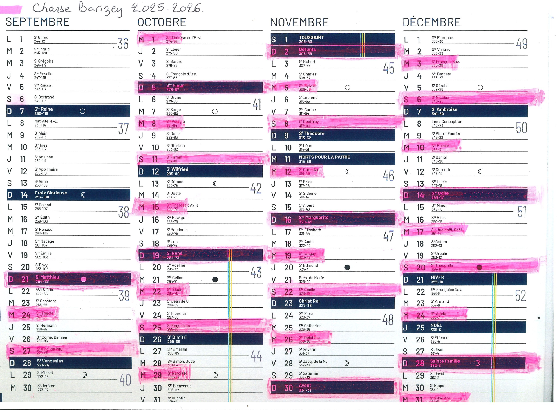 Calendrier de chasse de Barizey